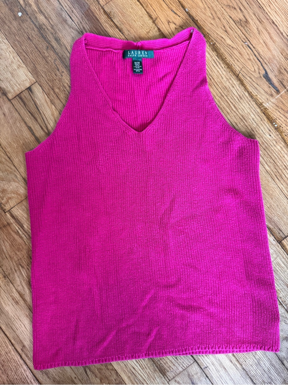 Lauren Ralph Lauren Hot Pink Ribbed Knit V-Neck Sweater Tank Top 100% Cotton